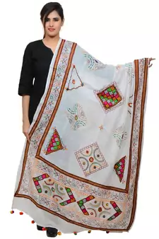 Women's Pure Cotton Real Mirrorwork & Hand Embroidery Dupatta (Kutchi Trikon) White - TKN02
