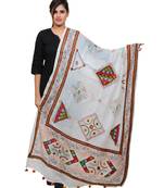 Women's Pure Cotton Real Mirrorwork & Hand Embroidery Dupatta (Kutchi Trikon) White - TKN02