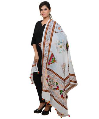 Women's Pure Cotton Real Mirrorwork & Hand Embroidery Dupatta (Kutchi Trikon) White - TKN02 2
