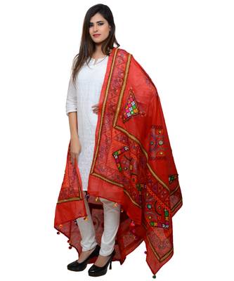Women's Pure Cotton Real Mirrorwork & Hand Embroidery Dupatta (Kutchi Trikon) Red - TKN03 1
