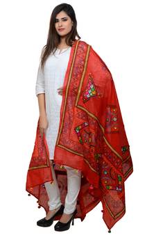 Women's Pure Cotton Real Mirrorwork & Hand Embroidery Dupatta (Kutchi Trikon) Red - TKN03