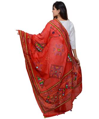 Women's Pure Cotton Real Mirrorwork & Hand Embroidery Dupatta (Kutchi Trikon) Red - TKN03 2