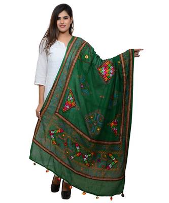 Women's Pure Cotton Real Mirrorwork & Hand Embroidery Dupatta (Kutchi Trikon) Dark Green  - TKN05 1
