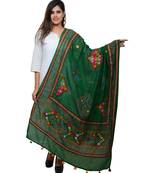 Women's Pure Cotton Real Mirrorwork & Hand Embroidery Dupatta (Kutchi Trikon) Dark Green  - TKN05