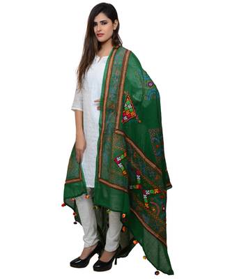 Women's Pure Cotton Real Mirrorwork & Hand Embroidery Dupatta (Kutchi Trikon) Dark Green  - TKN05 2