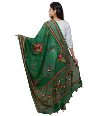 Women's Pure Cotton Real Mirrorwork & Hand Embroidery Dupatta (Kutchi Trikon) Dark Green  - TKN05 3