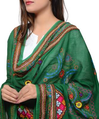 Women's Pure Cotton Real Mirrorwork & Hand Embroidery Dupatta (Kutchi Trikon) Dark Green  - TKN05 4