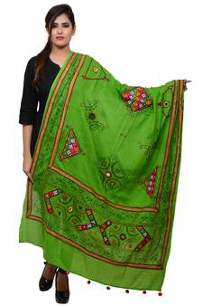 Women's Pure Cotton Real Mirrorwork & Hand Embroidery Dupatta (Kutchi Trikon) Parrot Green - TKN06