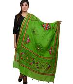 Women's Pure Cotton Real Mirrorwork & Hand Embroidery Dupatta (Kutchi Trikon) Parrot Green - TKN06