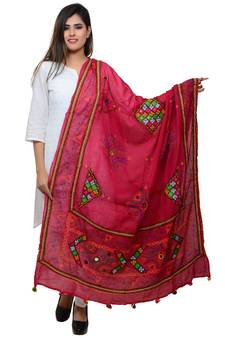 Women's Pure Cotton Real Mirrorwork & Hand Embroidery Dupatta (Kutchi Trikon) Pink - TKN09