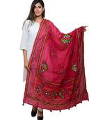 Women's Pure Cotton Real Mirrorwork & Hand Embroidery Dupatta (Kutchi Trikon) Pink - TKN09