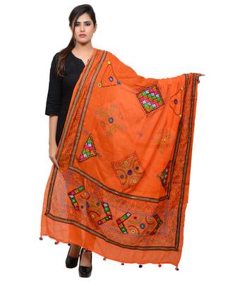 Women's Pure Cotton Real Mirrorwork & Hand Embroidery Dupatta (Kutchi Trikon) Tangy Orange - TKN11 1