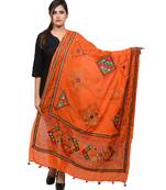 Women's Pure Cotton Real Mirrorwork & Hand Embroidery Dupatta (Kutchi Trikon) Tangy Orange - TKN11