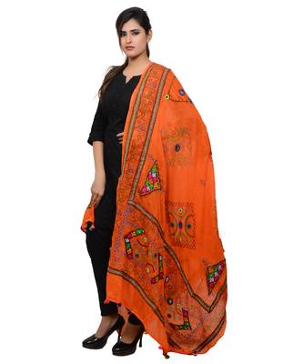 Women's Pure Cotton Real Mirrorwork & Hand Embroidery Dupatta (Kutchi Trikon) Tangy Orange - TKN11 2