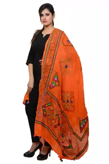 Women's Pure Cotton Real Mirrorwork & Hand Embroidery Dupatta (Kutchi Trikon) Tangy Orange - TKN11