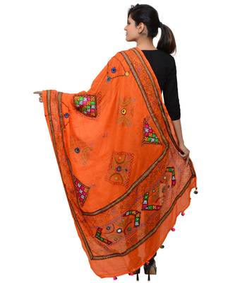 Women's Pure Cotton Real Mirrorwork & Hand Embroidery Dupatta (Kutchi Trikon) Tangy Orange - TKN11 3