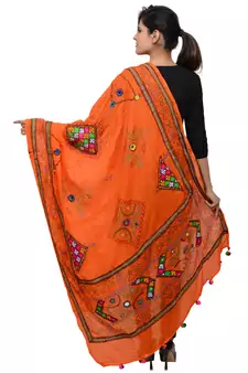 Women's Pure Cotton Real Mirrorwork & Hand Embroidery Dupatta (Kutchi Trikon) Tangy Orange - TKN11