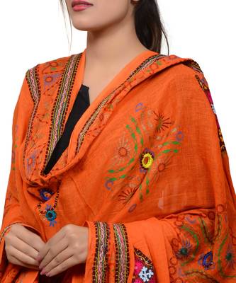 Women's Pure Cotton Real Mirrorwork & Hand Embroidery Dupatta (Kutchi Trikon) Tangy Orange - TKN11 4