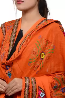 Women's Pure Cotton Real Mirrorwork & Hand Embroidery Dupatta (Kutchi Trikon) Tangy Orange - TKN11