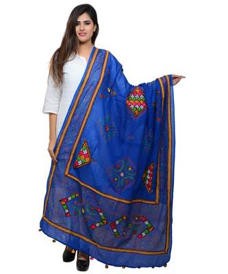 Women's Pure Cotton Real Mirrorwork & Hand Embroidery Dupatta (Kutchi Trikon) Blue - TKN12 1