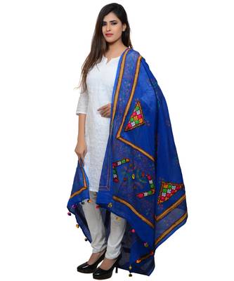 Women's Pure Cotton Real Mirrorwork & Hand Embroidery Dupatta (Kutchi Trikon) Blue - TKN12 2