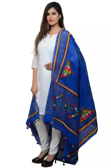 Women's Pure Cotton Real Mirrorwork & Hand Embroidery Dupatta (Kutchi Trikon) Blue - TKN12