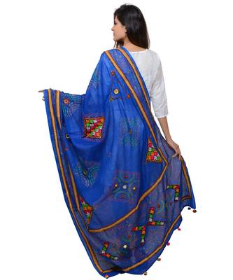 Women's Pure Cotton Real Mirrorwork & Hand Embroidery Dupatta (Kutchi Trikon) Blue - TKN12 3