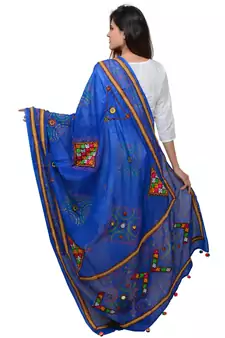 Women's Pure Cotton Real Mirrorwork & Hand Embroidery Dupatta (Kutchi Trikon) Blue - TKN12