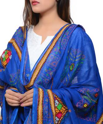 Women's Pure Cotton Real Mirrorwork & Hand Embroidery Dupatta (Kutchi Trikon) Blue - TKN12 4