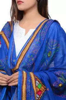Women's Pure Cotton Real Mirrorwork & Hand Embroidery Dupatta (Kutchi Trikon) Blue - TKN12