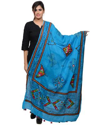 Women's Pure Cotton Real Mirrorwork & Hand Embroidery Dupatta (Kutchi Trikon) Turquoise - TKN13 1