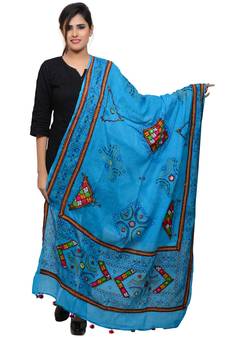 Women's Pure Cotton Real Mirrorwork & Hand Embroidery Dupatta (Kutchi Trikon) Turquoise - TKN13