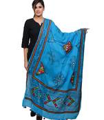 Women's Pure Cotton Real Mirrorwork & Hand Embroidery Dupatta (Kutchi Trikon) Turquoise - TKN13