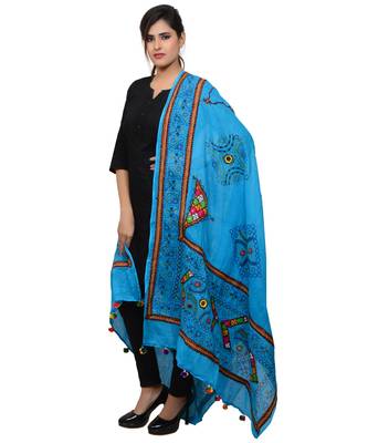 Women's Pure Cotton Real Mirrorwork & Hand Embroidery Dupatta (Kutchi Trikon) Turquoise - TKN13 2