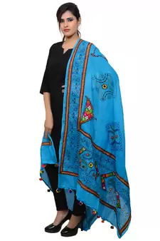 Women's Pure Cotton Real Mirrorwork & Hand Embroidery Dupatta (Kutchi Trikon) Turquoise - TKN13