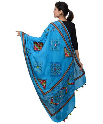 Women's Pure Cotton Real Mirrorwork & Hand Embroidery Dupatta (Kutchi Trikon) Turquoise - TKN13 3