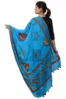 Women's Pure Cotton Real Mirrorwork & Hand Embroidery Dupatta (Kutchi Trikon) Turquoise - TKN13