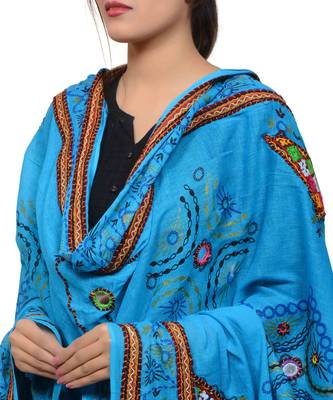 Women's Pure Cotton Real Mirrorwork & Hand Embroidery Dupatta (Kutchi Trikon) Turquoise - TKN13 4
