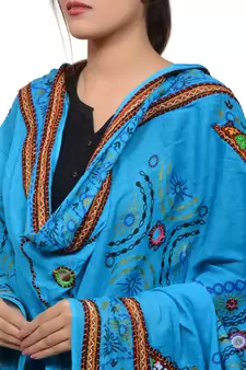 Women's Pure Cotton Real Mirrorwork & Hand Embroidery Dupatta (Kutchi Trikon) Turquoise - TKN13