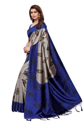 Blue Printed Silk Saree With Blouse 2