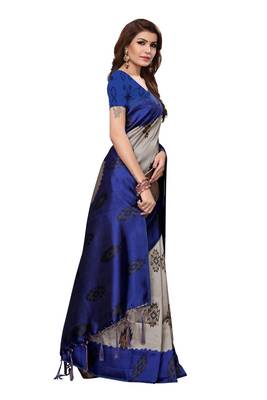 Blue Printed Silk Saree With Blouse 3