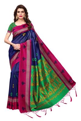 Blue Printed Silk Saree With Blouse 1