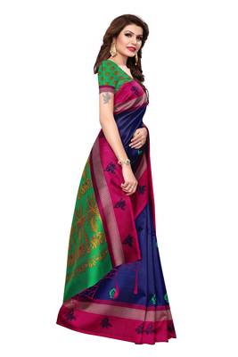 Blue Printed Silk Saree With Blouse 3