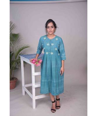 Turquoise Pleated Gota Patti Aari Work Dress 1