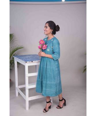 Turquoise Pleated Gota Patti Aari Work Dress 2