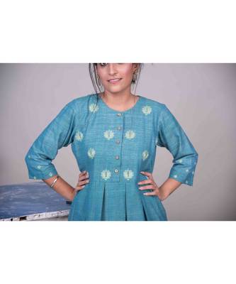 Turquoise Pleated Gota Patti Aari Work Dress 3
