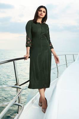 Olive Embroidered Satin Kurti 1