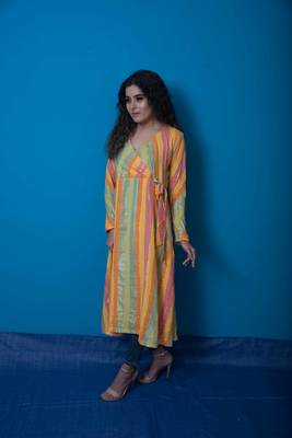 Green multicoloured khadi cotton angarkha kurta 1