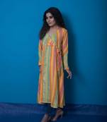 Green multicoloured khadi cotton angarkha kurta