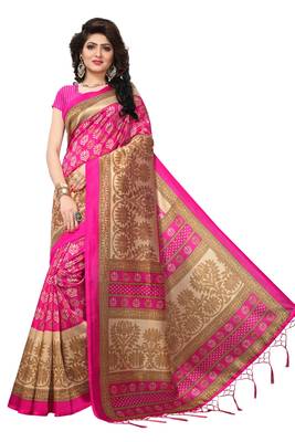 Pink printed silk saree with blouse 1